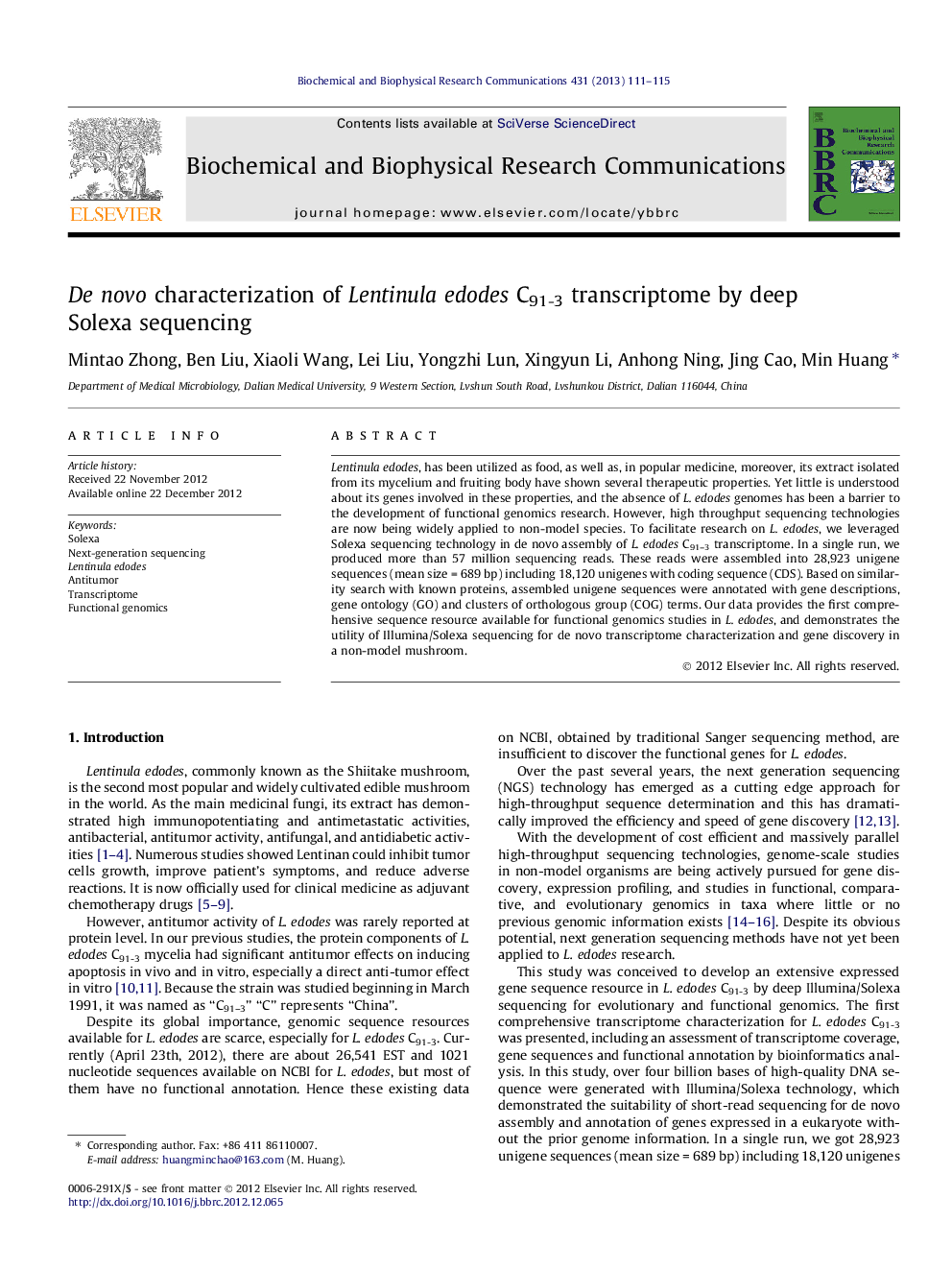 De novo characterization of Lentinula edodes C91-3 transcriptome by deep Solexa sequencing