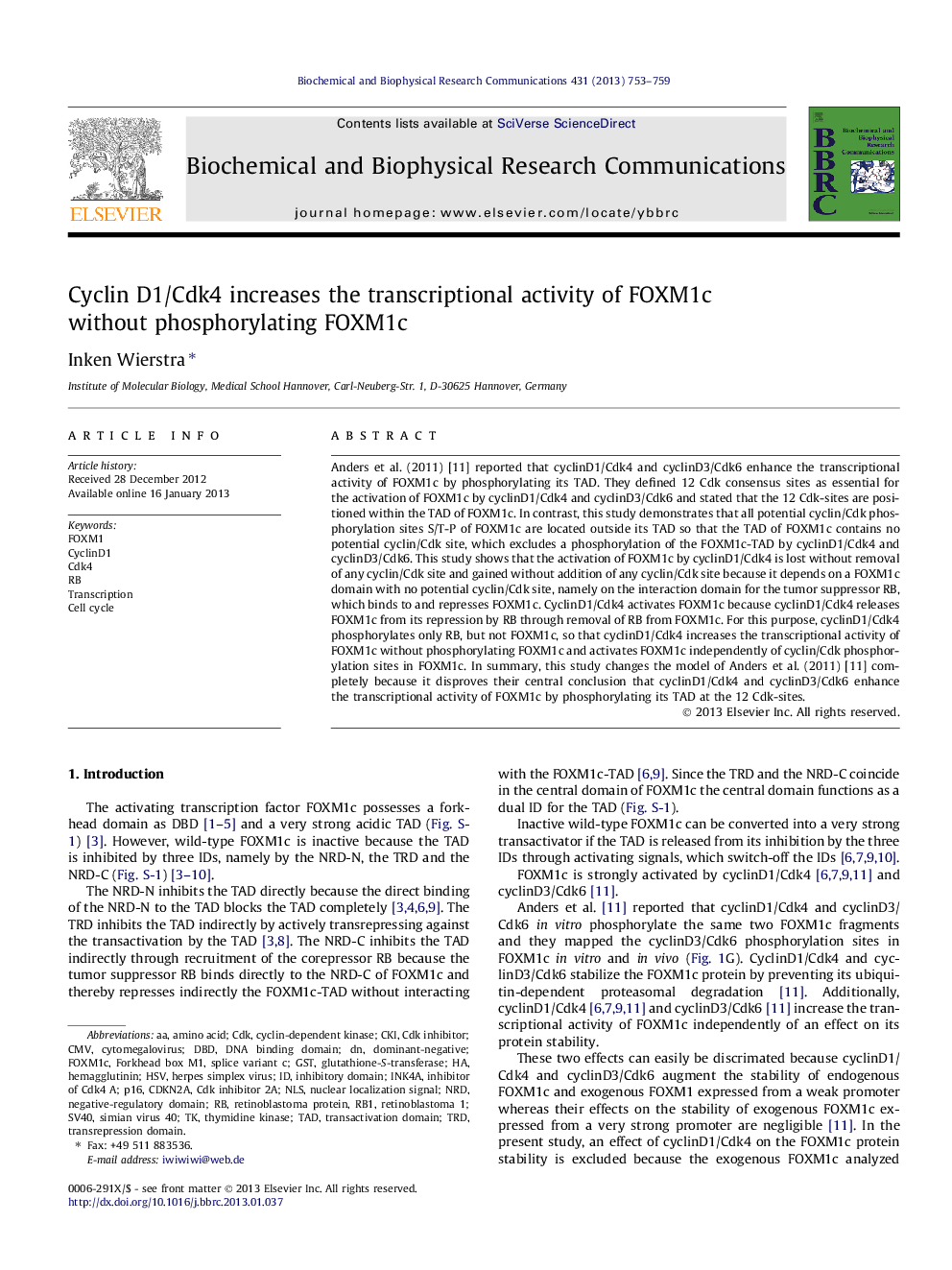 Cyclin D1/Cdk4 increases the transcriptional activity of FOXM1c without phosphorylating FOXM1c