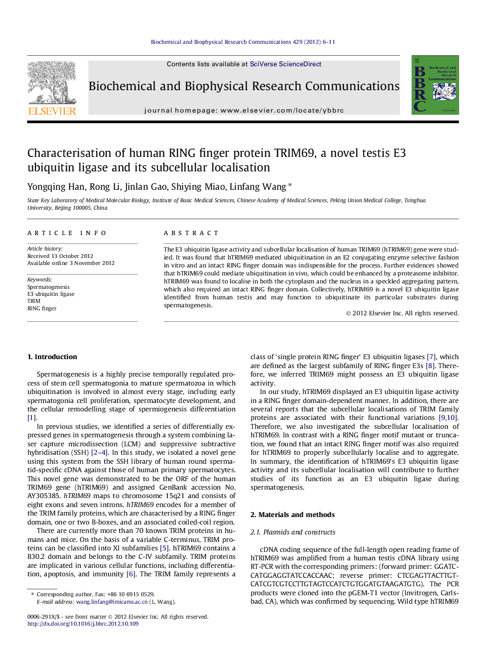 Characterisation of human RING finger protein TRIM69, a novel testis E3 ubiquitin ligase and its subcellular localisation