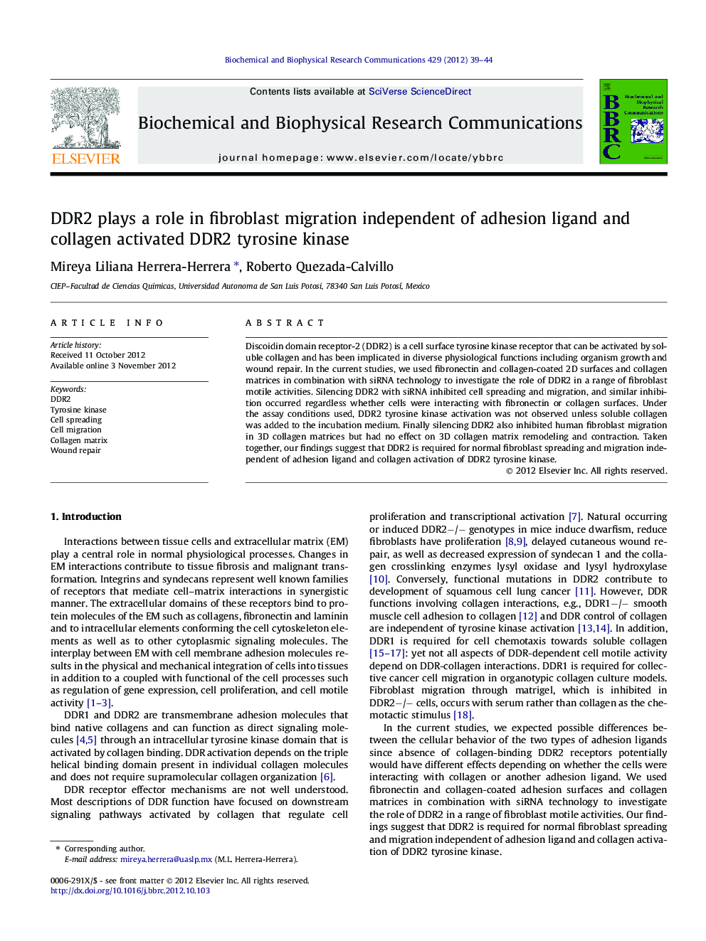 DDR2 plays a role in fibroblast migration independent of adhesion ligand and collagen activated DDR2 tyrosine kinase