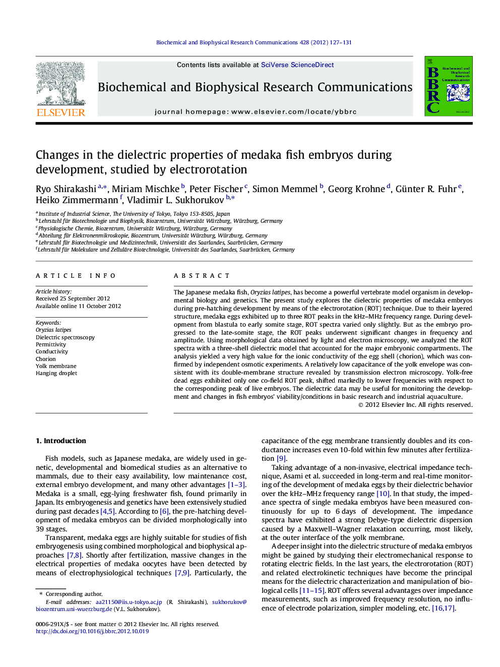 Changes in the dielectric properties of medaka fish embryos during development, studied by electrorotation