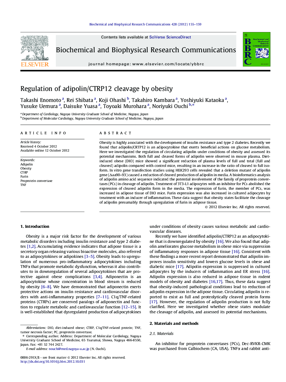 Regulation of adipolin/CTRP12 cleavage by obesity