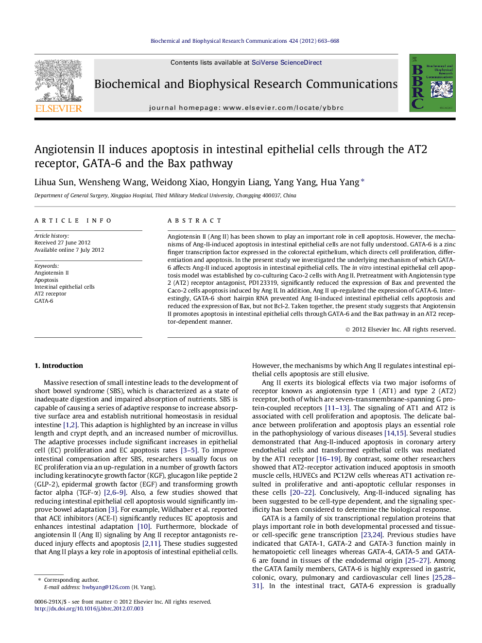 Angiotensin II induces apoptosis in intestinal epithelial cells through the AT2 receptor, GATA-6 and the Bax pathway