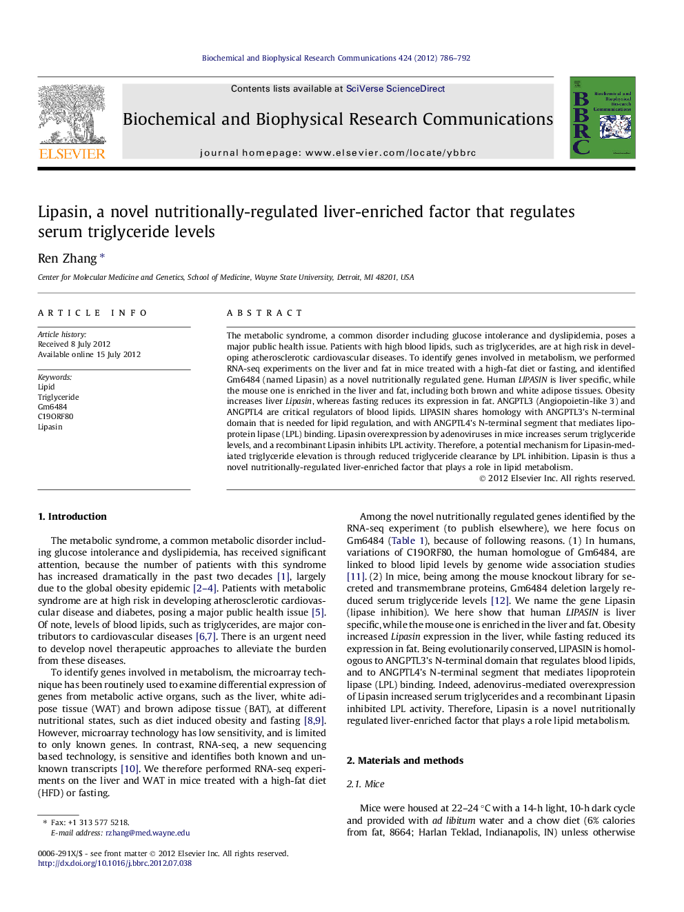 Lipasin, a novel nutritionally-regulated liver-enriched factor that regulates serum triglyceride levels