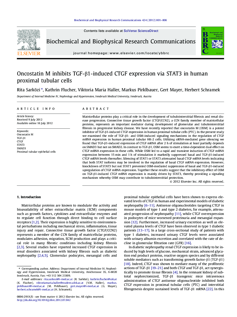 Oncostatin M inhibits TGF-β1-induced CTGF expression via STAT3 in human proximal tubular cells