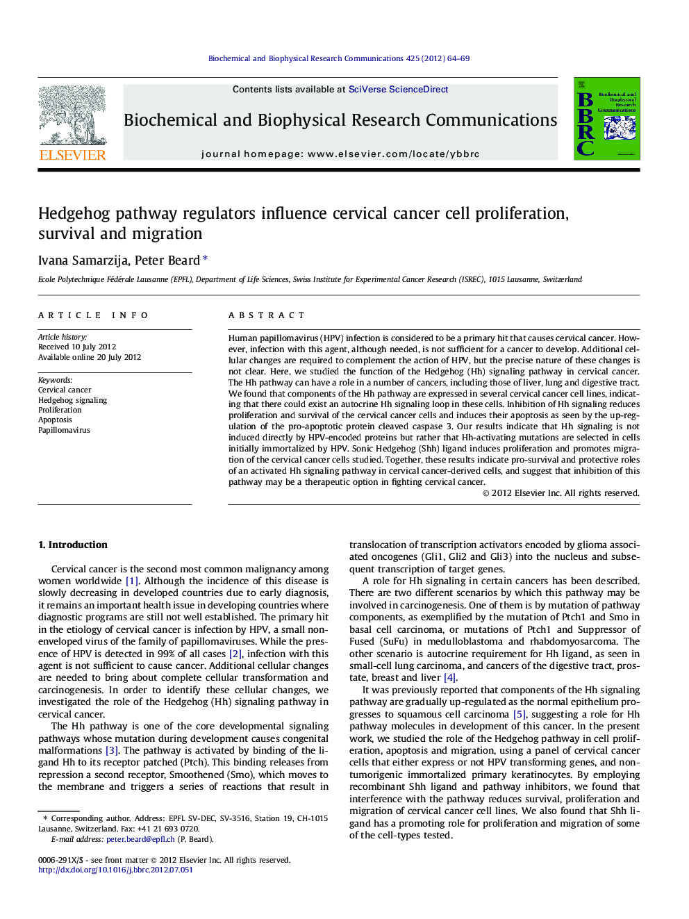 Hedgehog pathway regulators influence cervical cancer cell proliferation, survival and migration