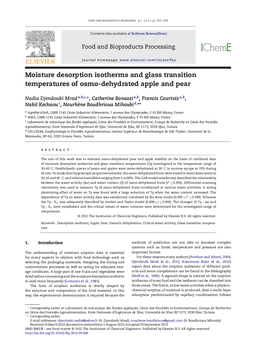 Moisture desorption isotherms and glass transition temperatures of osmo-dehydrated apple and pear