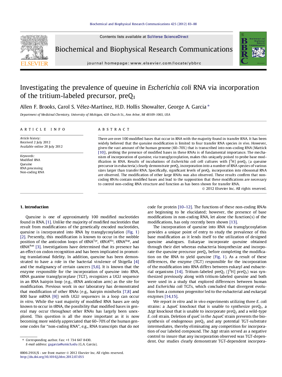 Investigating the prevalence of queuine in Escherichia coli RNA via incorporation of the tritium-labeled precursor, preQ1