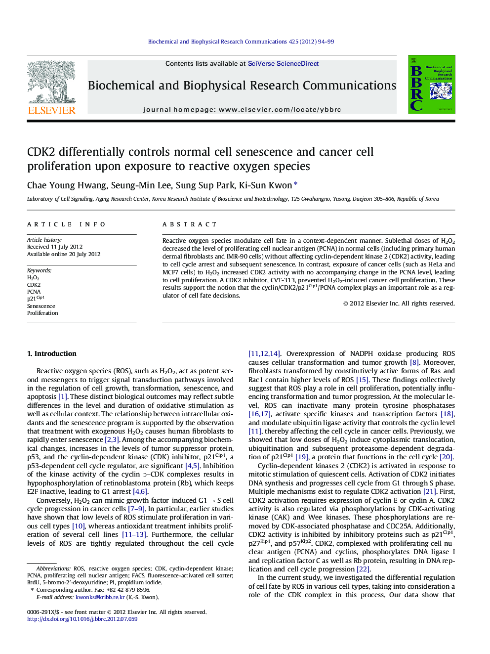 CDK2 differentially controls normal cell senescence and cancer cell proliferation upon exposure to reactive oxygen species