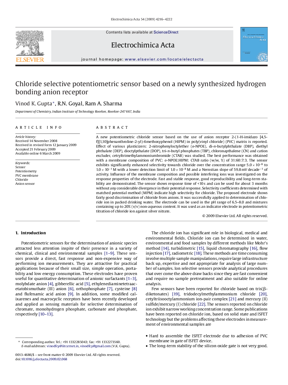 Chloride selective potentiometric sensor based on a newly synthesized hydrogen bonding anion receptor