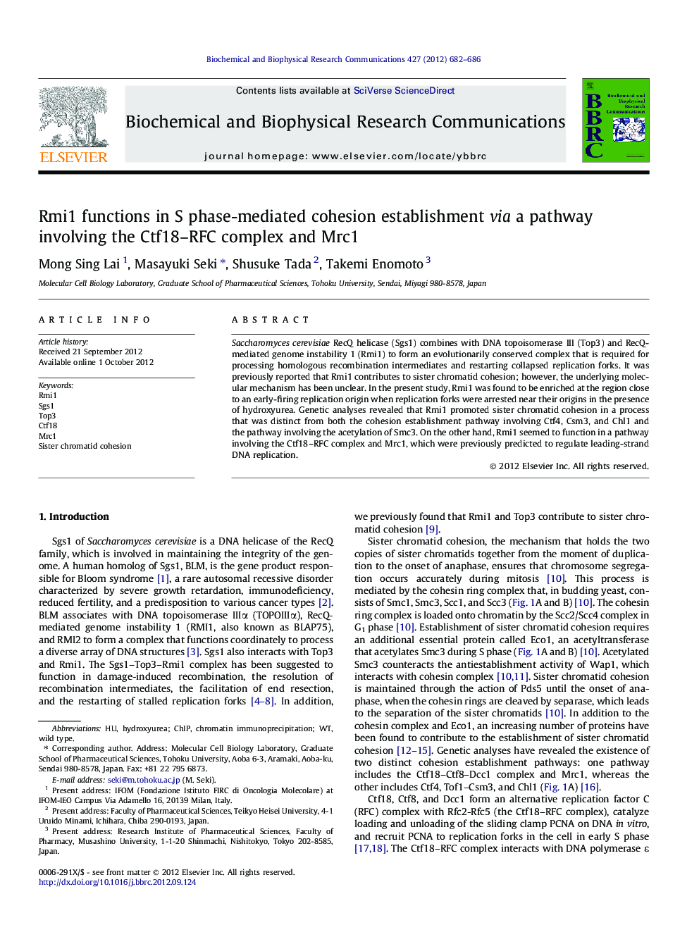 Rmi1 functions in S phase-mediated cohesion establishment via a pathway involving the Ctf18–RFC complex and Mrc1