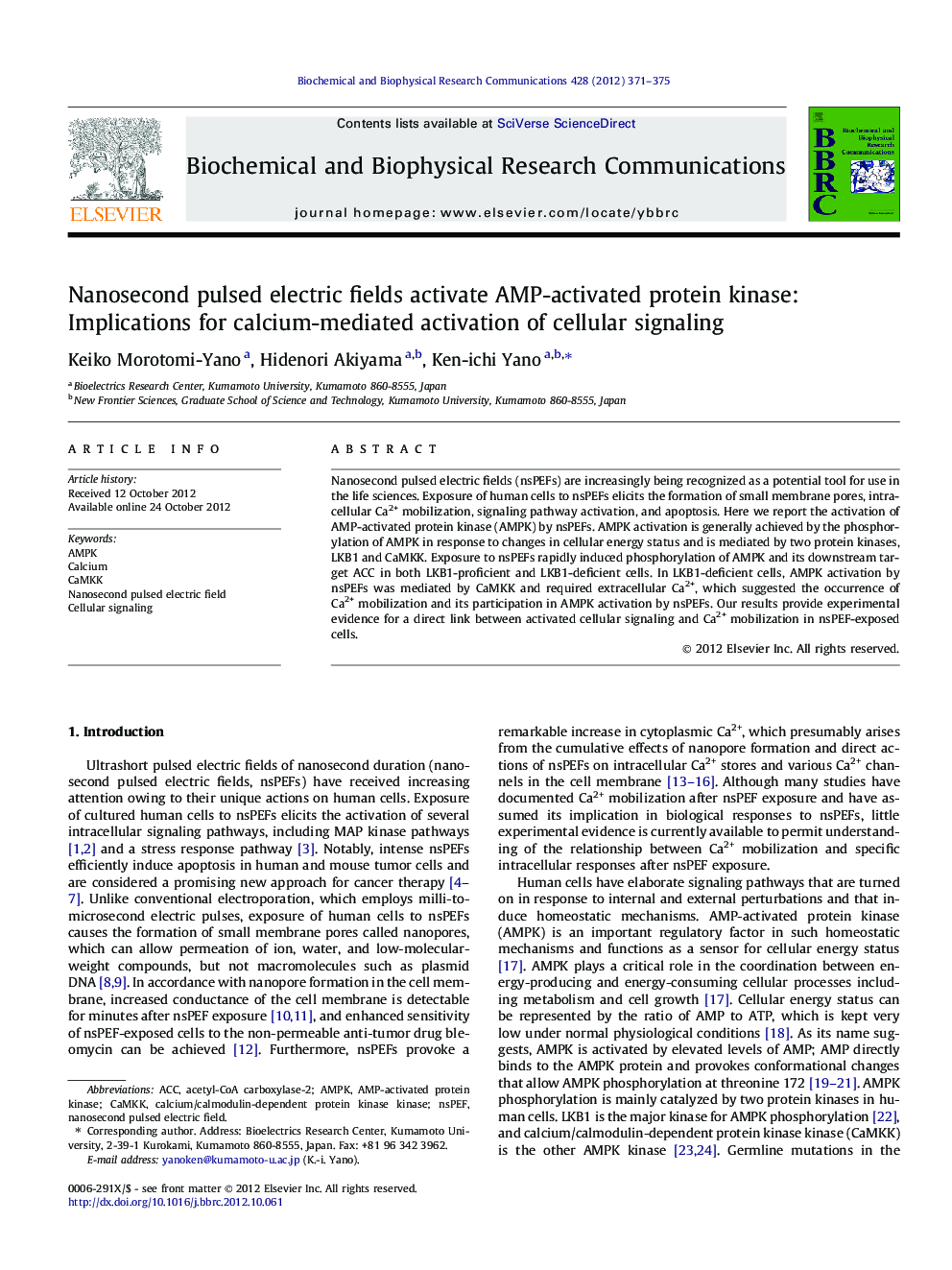 Nanosecond pulsed electric fields activate AMP-activated protein kinase: Implications for calcium-mediated activation of cellular signaling