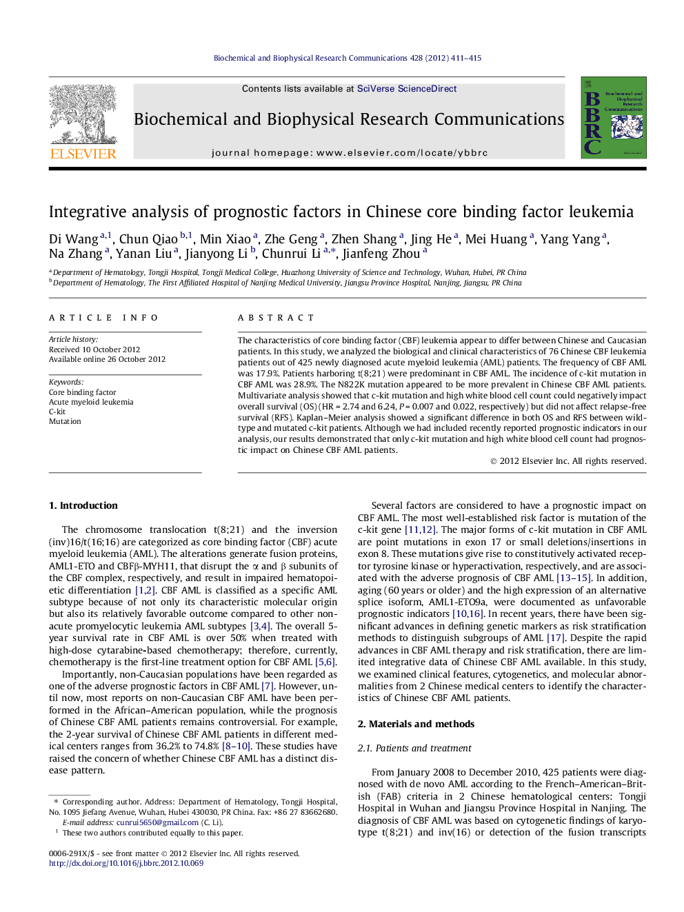 Integrative analysis of prognostic factors in Chinese core binding factor leukemia