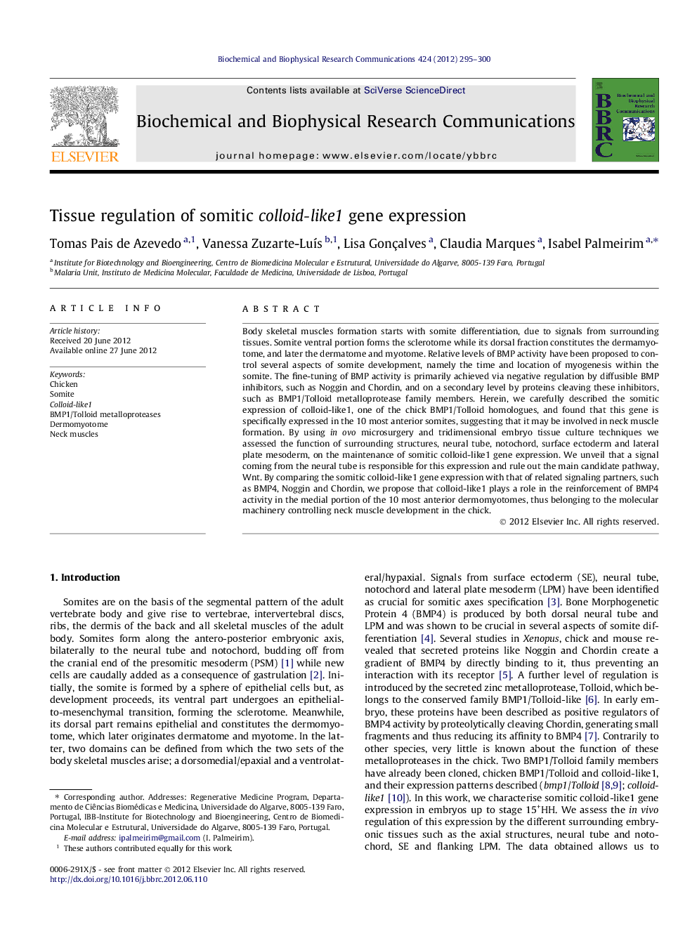 Tissue regulation of somitic colloid-like1 gene expression