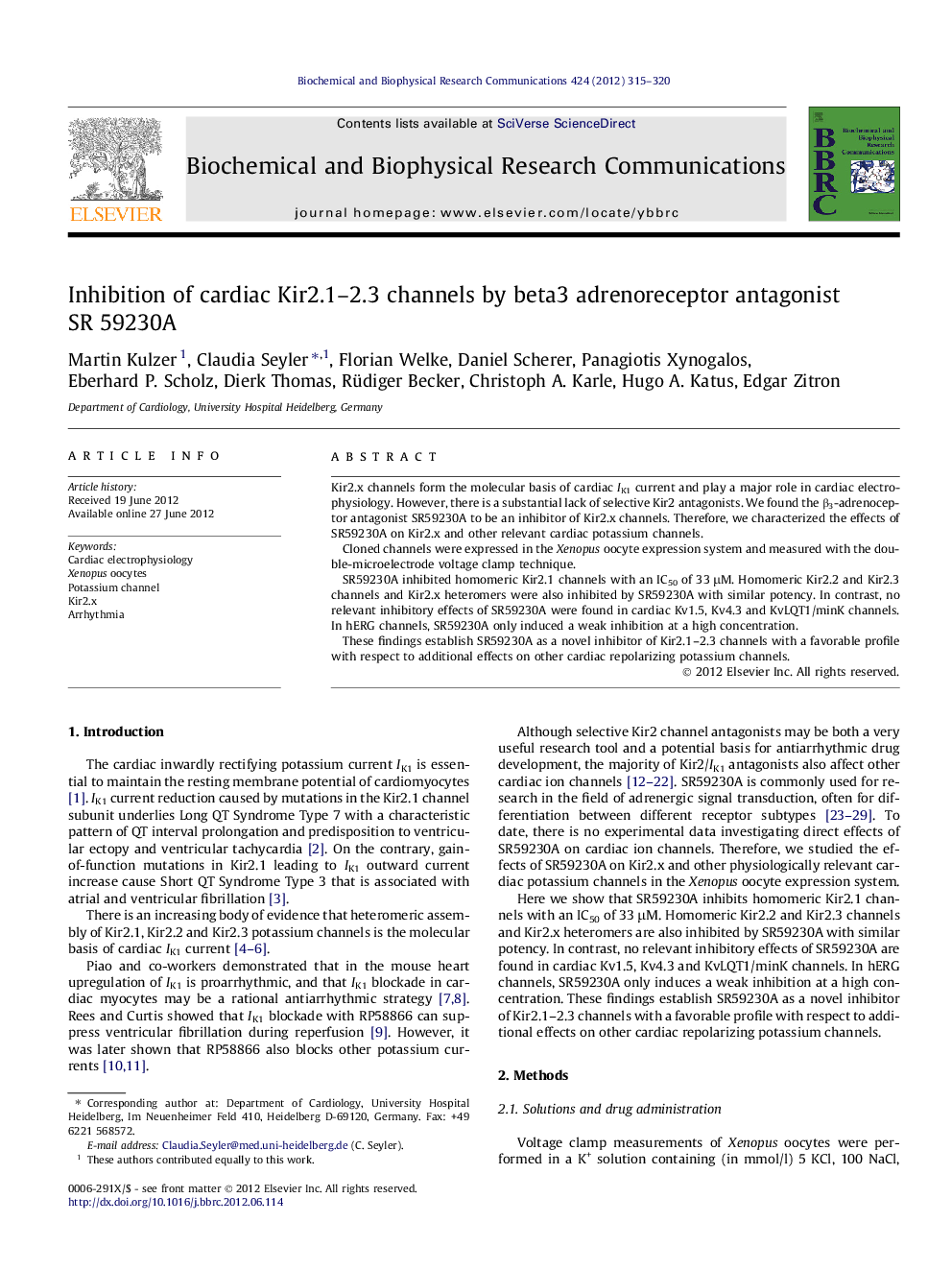 Inhibition of cardiac Kir2.1–2.3 channels by beta3 adrenoreceptor antagonist SR 59230A