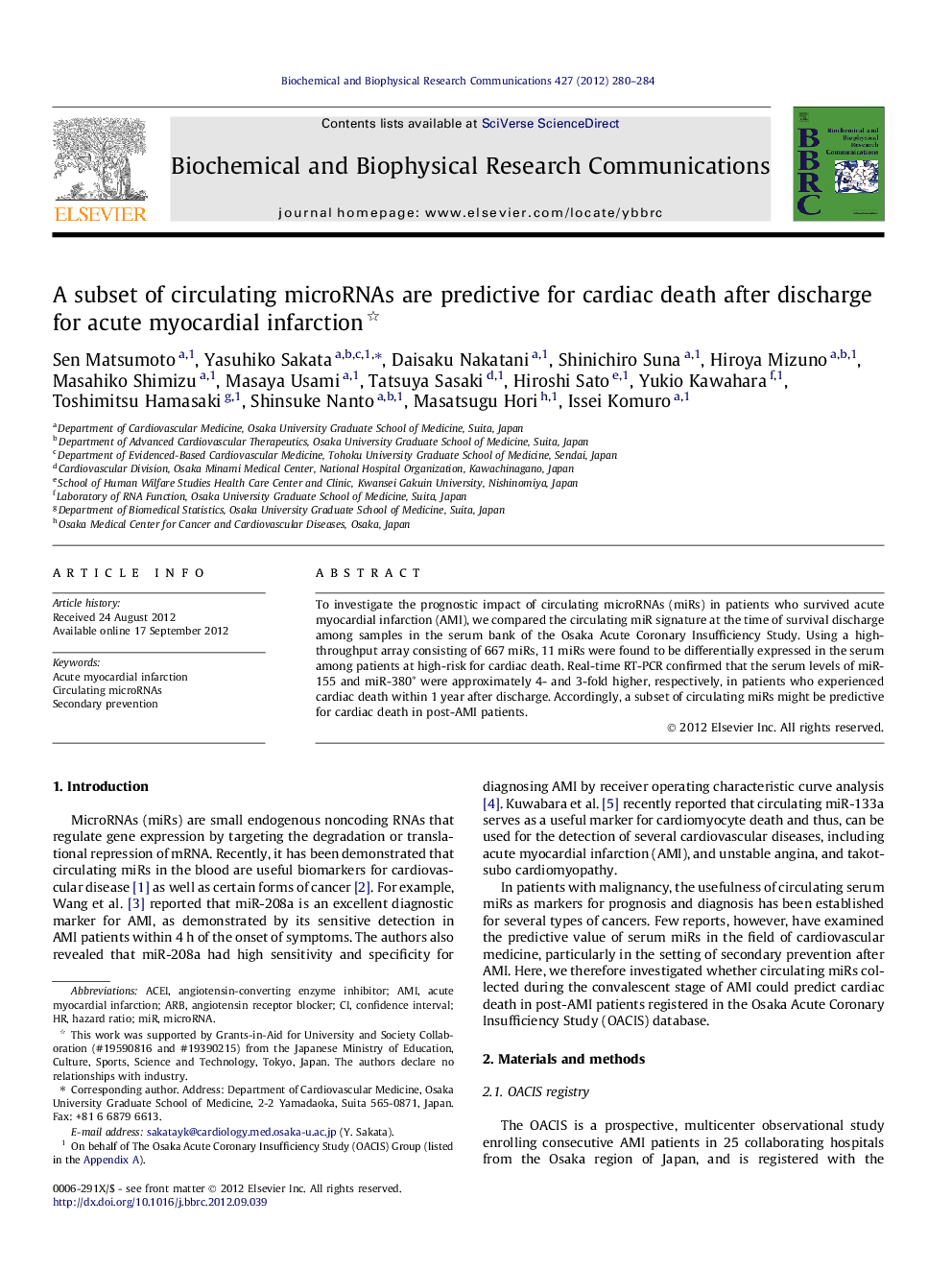 A subset of circulating microRNAs are predictive for cardiac death after discharge for acute myocardial infarction 