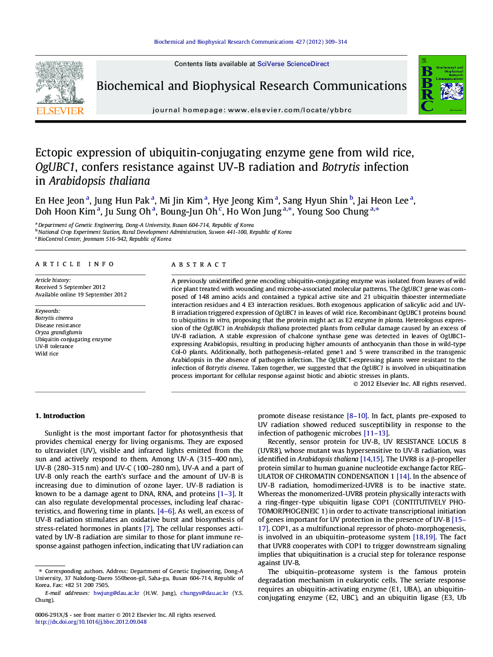 Ectopic expression of ubiquitin-conjugating enzyme gene from wild rice, OgUBC1, confers resistance against UV-B radiation and Botrytis infection in Arabidopsis thaliana