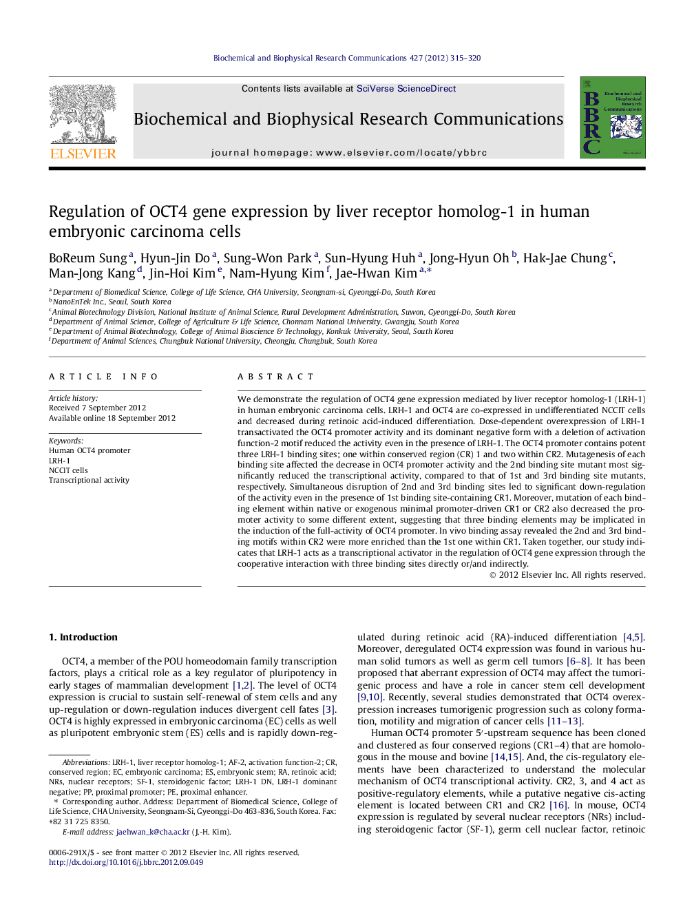 Regulation of OCT4 gene expression by liver receptor homolog-1 in human embryonic carcinoma cells