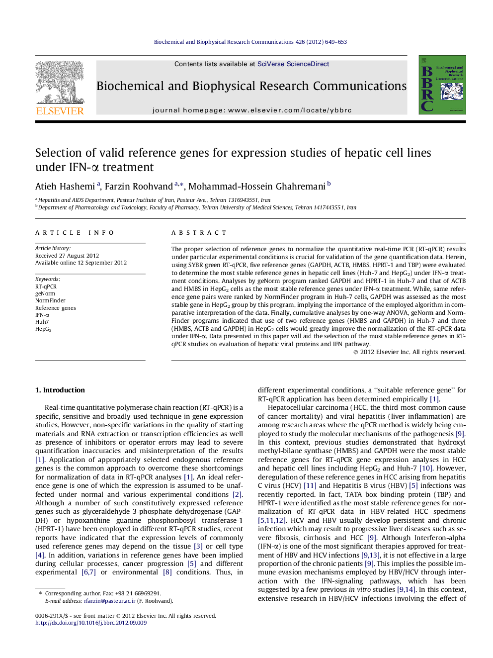 عکس صفحه اول مقاله: Selection of valid reference genes for expression studies of hepatic cell lines under IFN-α treatment Selection of valid reference genes for expression studies of hepatic cell lines under IFN-α treatment