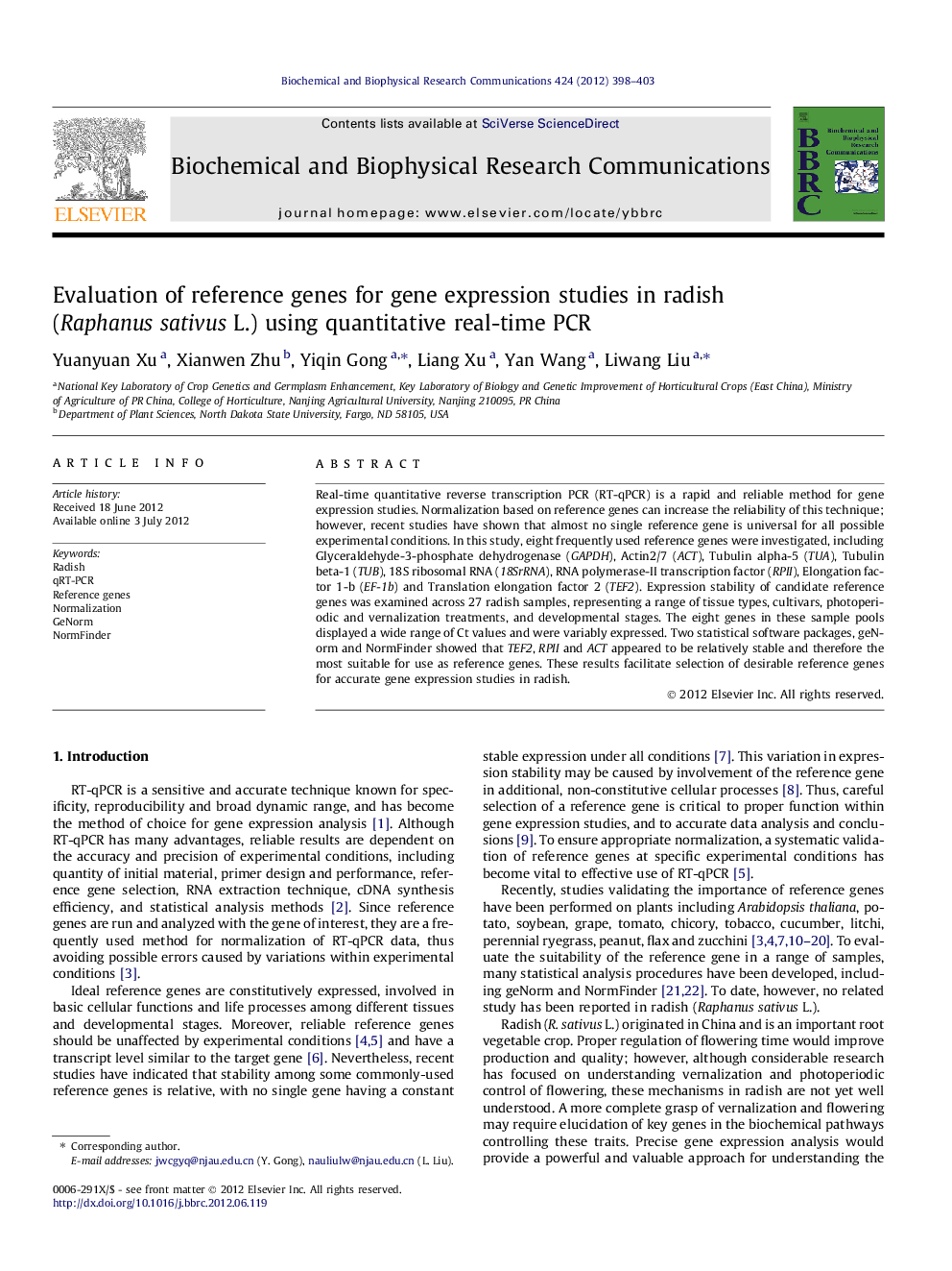 عکس صفحه اول مقاله: Evaluation of reference genes for gene expression studies in radish (Raphanus sativus L.) using quantitative real-time PCR Evaluation of reference genes for gene expression studies in radish (Raphanus sativus L.) using quantitative real-time PCR