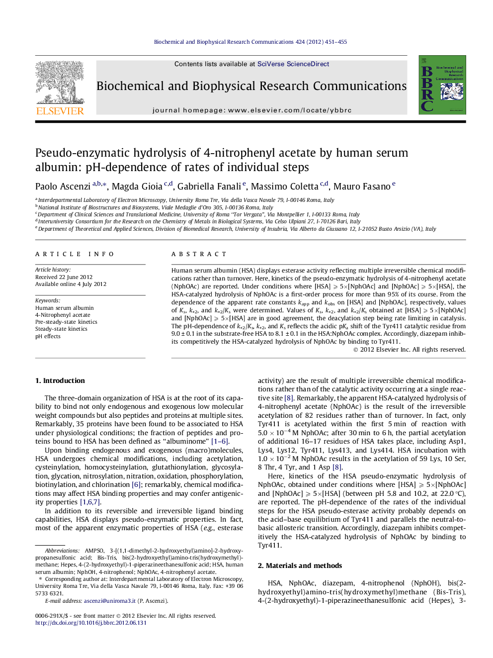 Pseudo-enzymatic hydrolysis of 4-nitrophenyl acetate by human serum albumin: pH-dependence of rates of individual steps