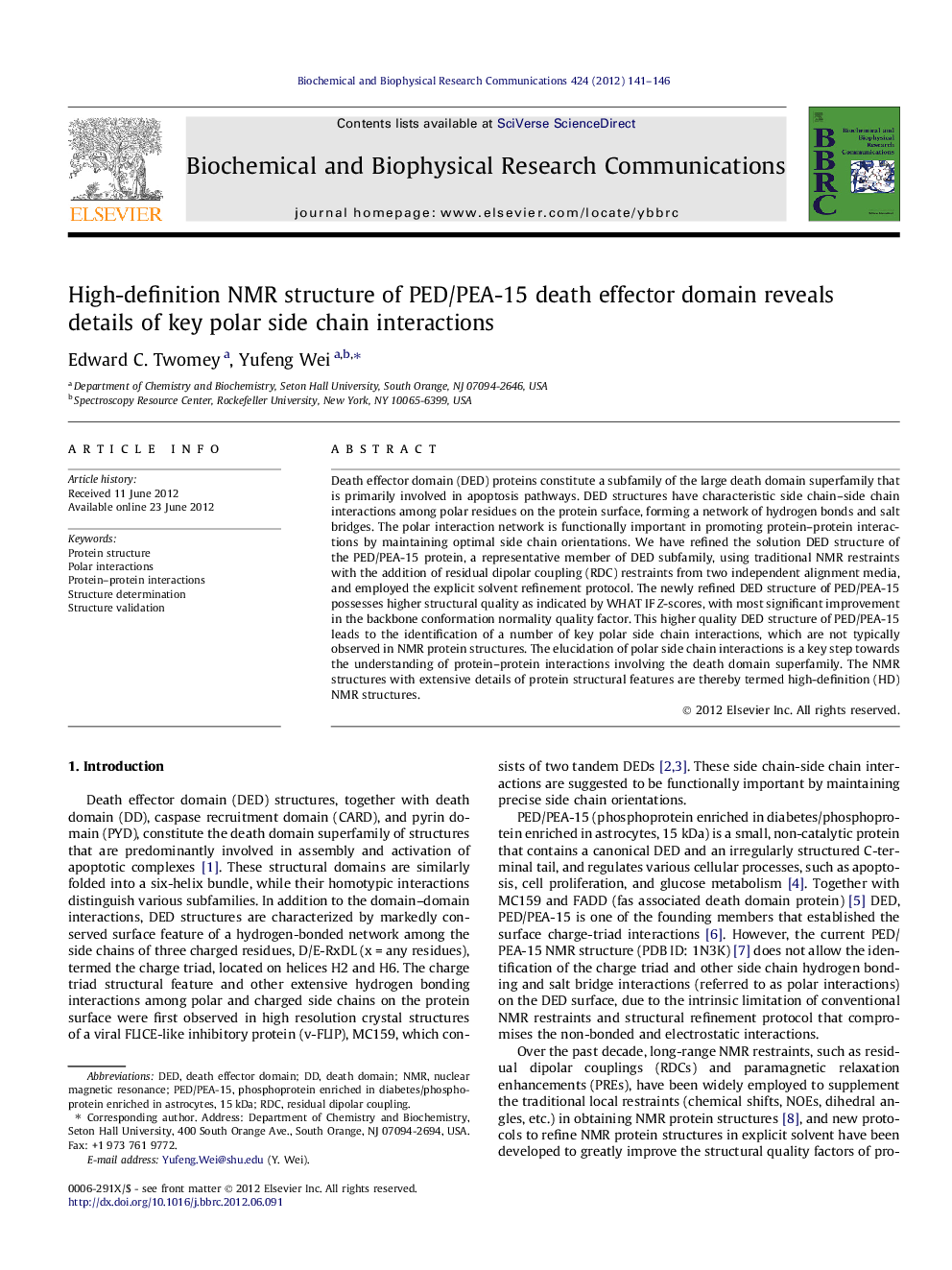 High-definition NMR structure of PED/PEA-15 death effector domain reveals details of key polar side chain interactions