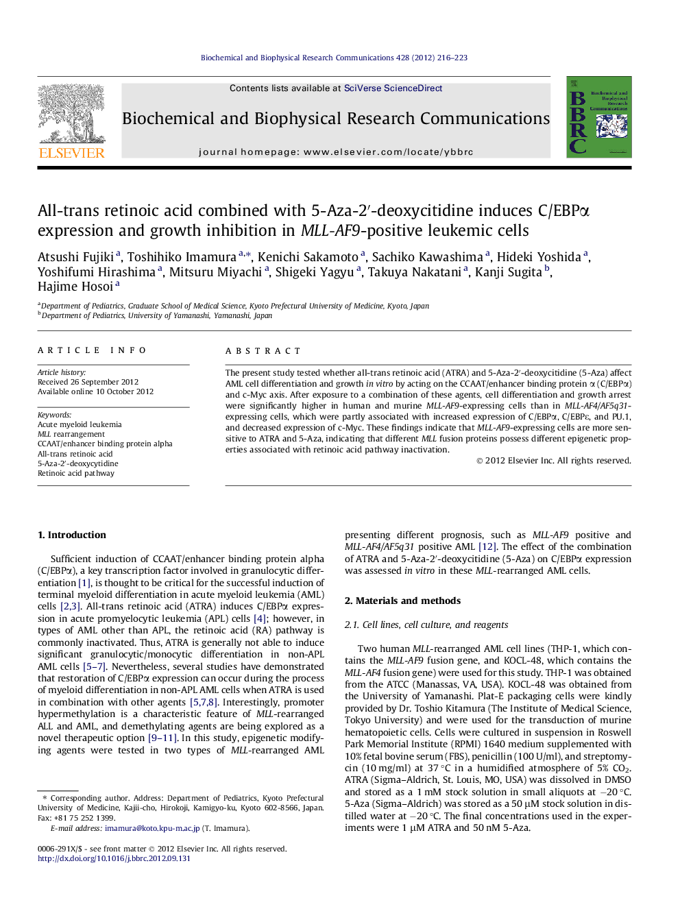 All-trans retinoic acid combined with 5-Aza-2′-deoxycitidine induces C/EBPα expression and growth inhibition in MLL-AF9-positive leukemic cells