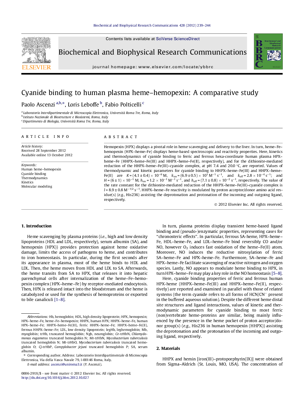 Cyanide binding to human plasma heme–hemopexin: A comparative study