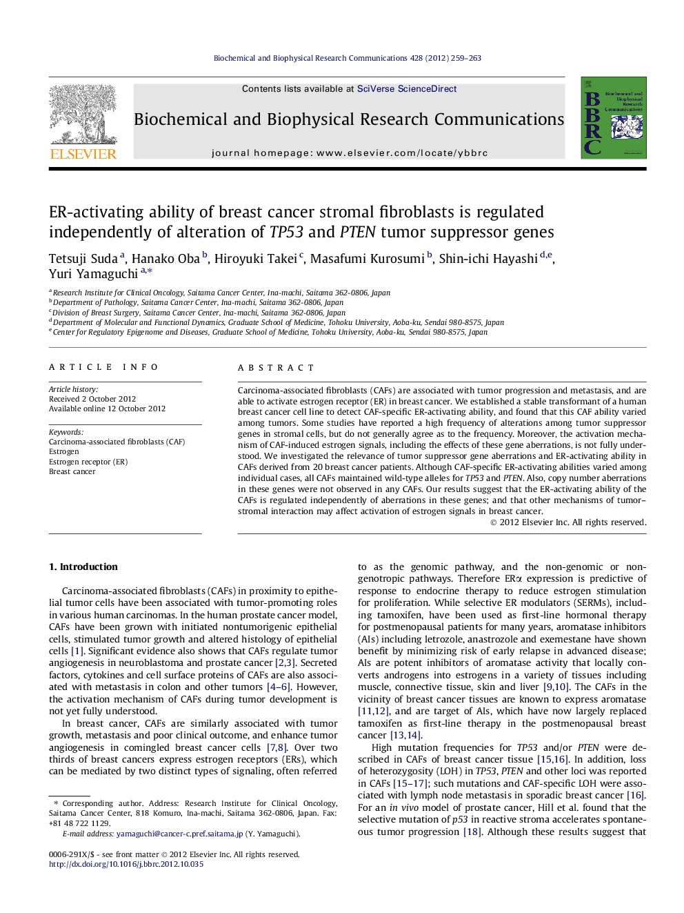 ER-activating ability of breast cancer stromal fibroblasts is regulated independently of alteration of TP53 and PTEN tumor suppressor genes