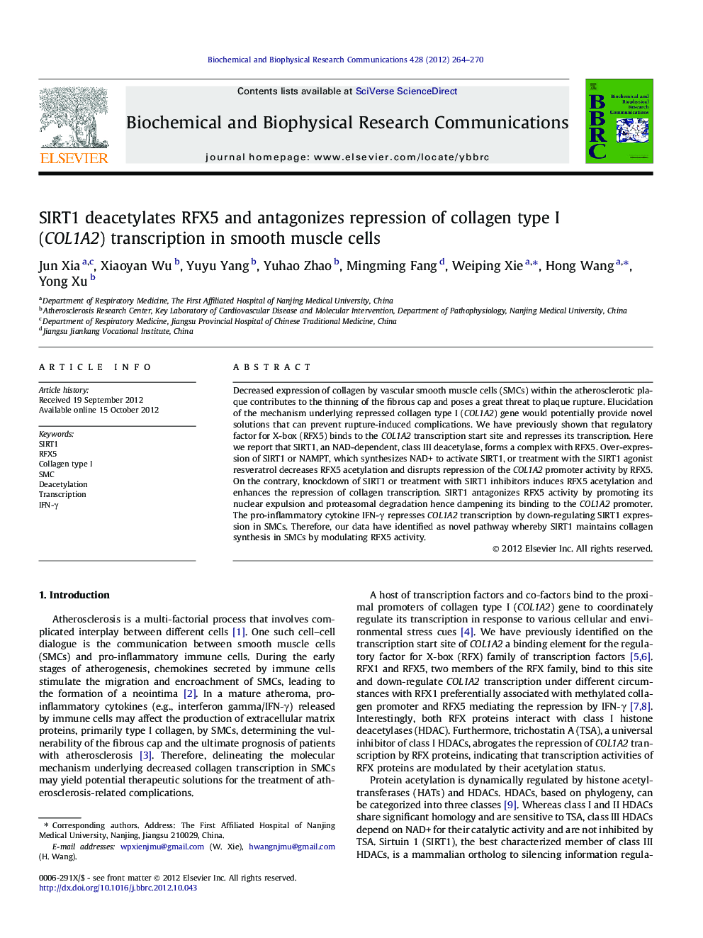 SIRT1 deacetylates RFX5 and antagonizes repression of collagen type I (COL1A2) transcription in smooth muscle cells