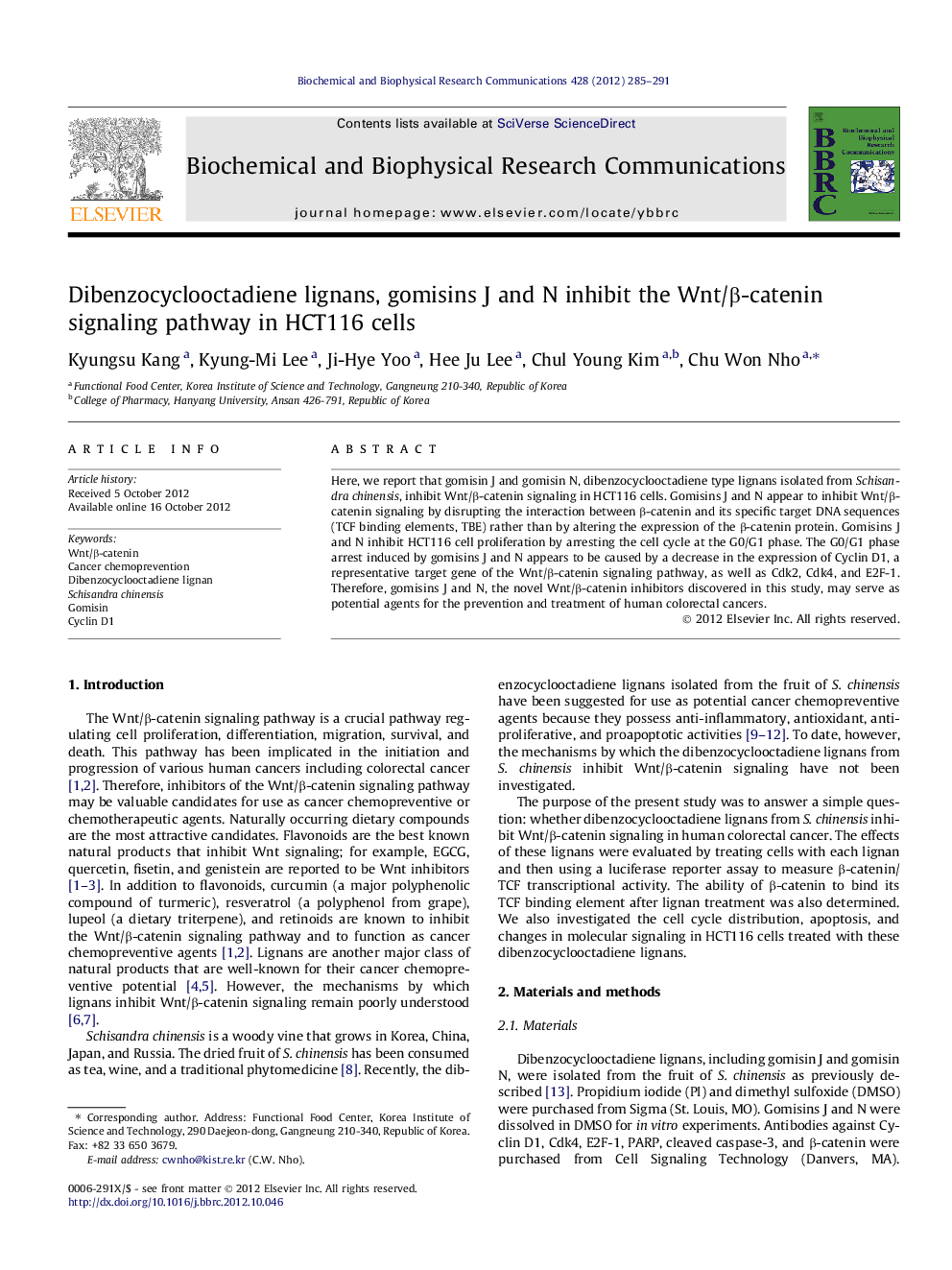 Dibenzocyclooctadiene lignans, gomisins J and N inhibit the Wnt/β-catenin signaling pathway in HCT116 cells