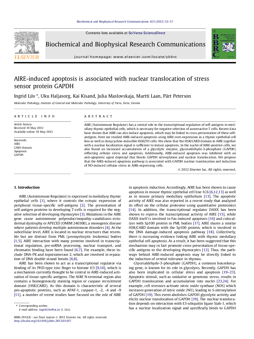 AIRE-induced apoptosis is associated with nuclear translocation of stress sensor protein GAPDH