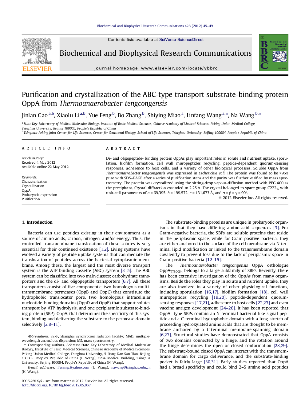 Purification and crystallization of the ABC-type transport substrate-binding protein OppA from Thermoanaerobacter tengcongensis