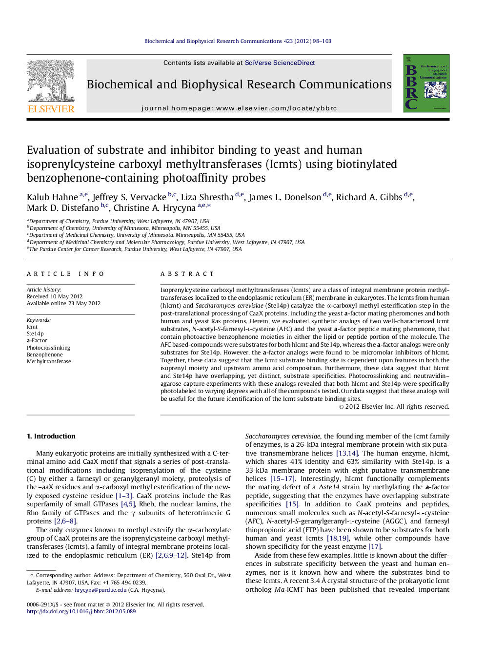 Evaluation of substrate and inhibitor binding to yeast and human isoprenylcysteine carboxyl methyltransferases (Icmts) using biotinylated benzophenone-containing photoaffinity probes