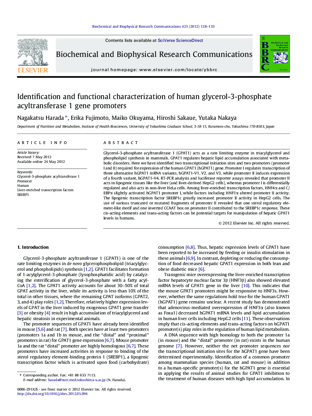 Identification and functional characterization of human glycerol-3-phosphate acyltransferase 1 gene promoters