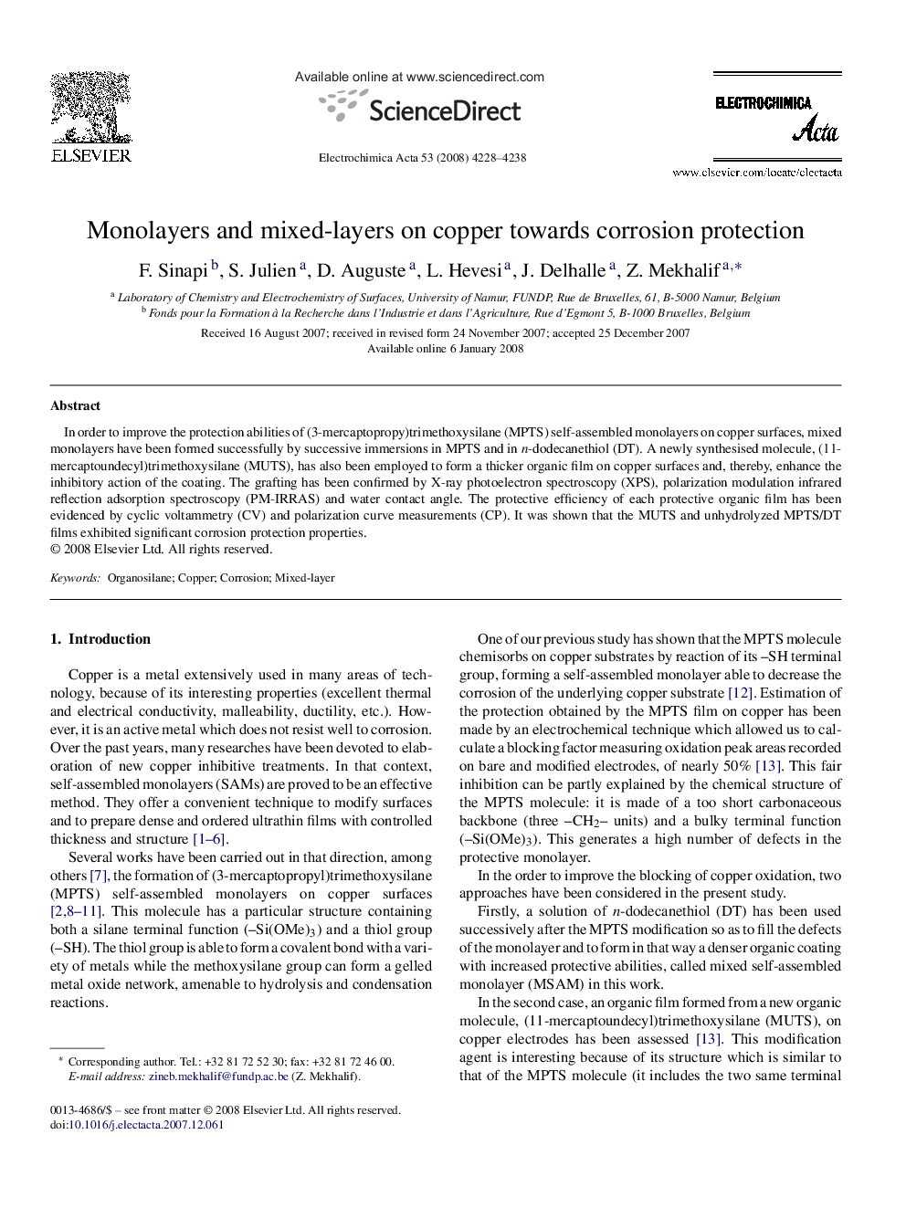 Monolayers and mixed-layers on copper towards corrosion protection