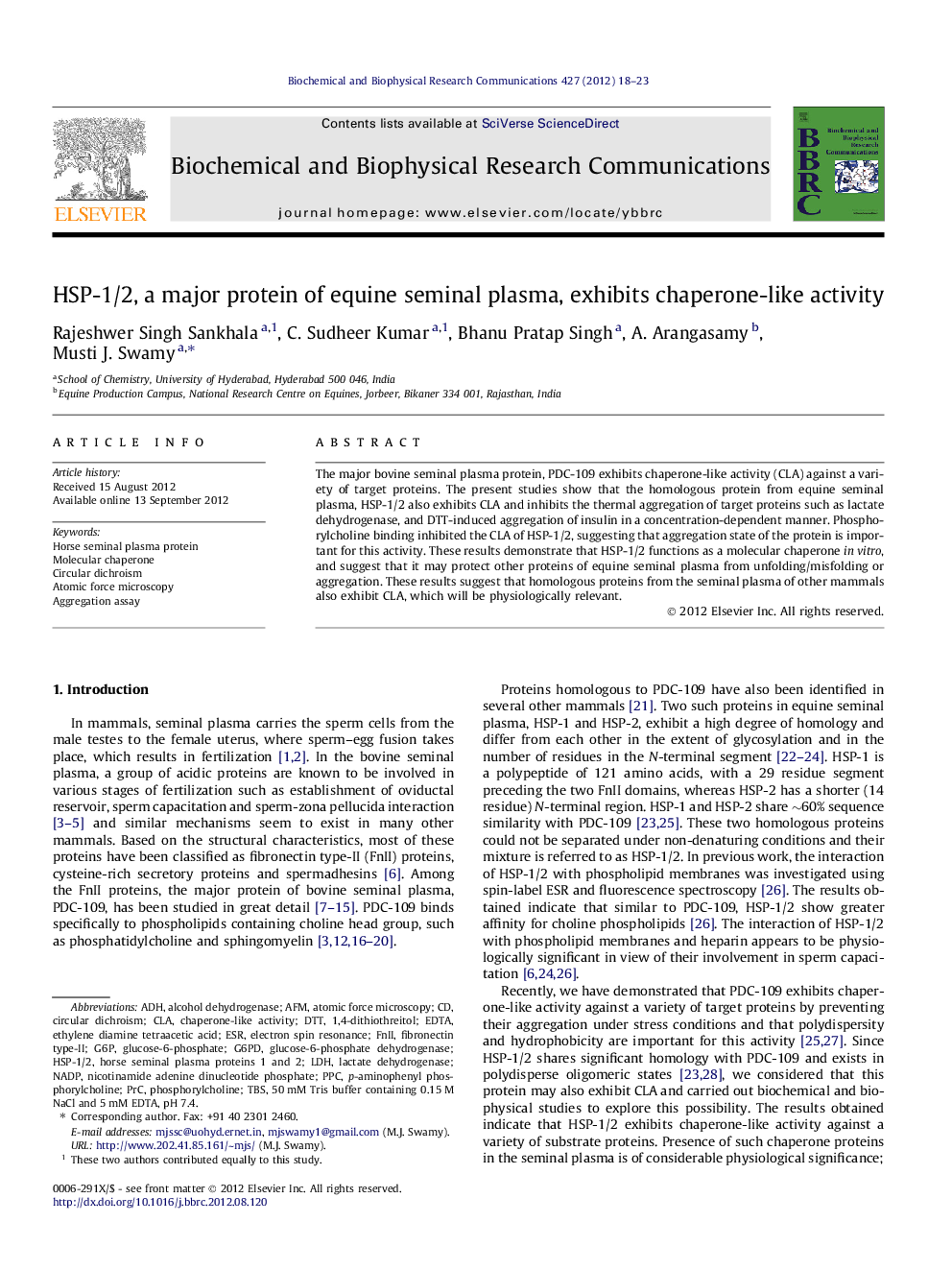 HSP-1/2, a major protein of equine seminal plasma, exhibits chaperone-like activity