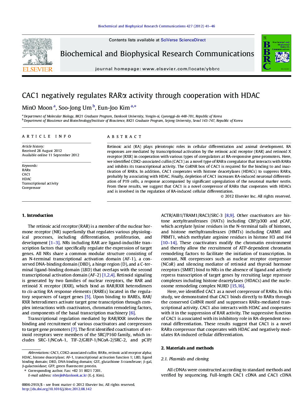 CAC1 negatively regulates RARα activity through cooperation with HDAC