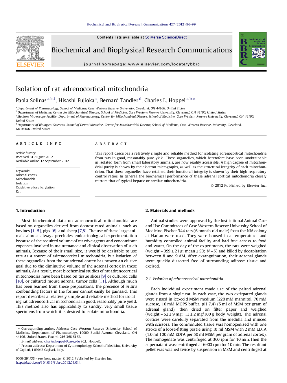 Isolation of rat adrenocortical mitochondria