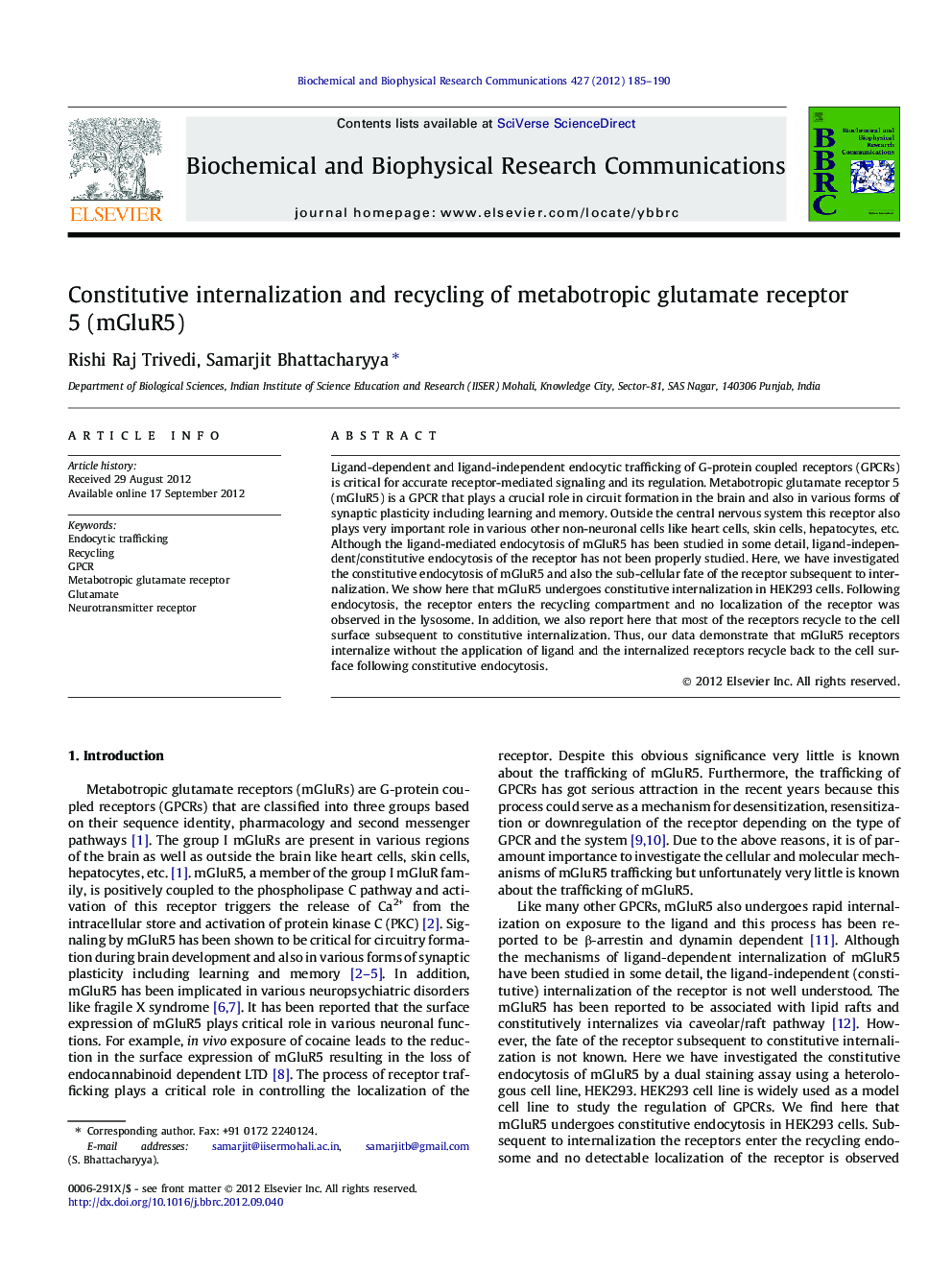 Constitutive internalization and recycling of metabotropic glutamate receptor 5 (mGluR5)