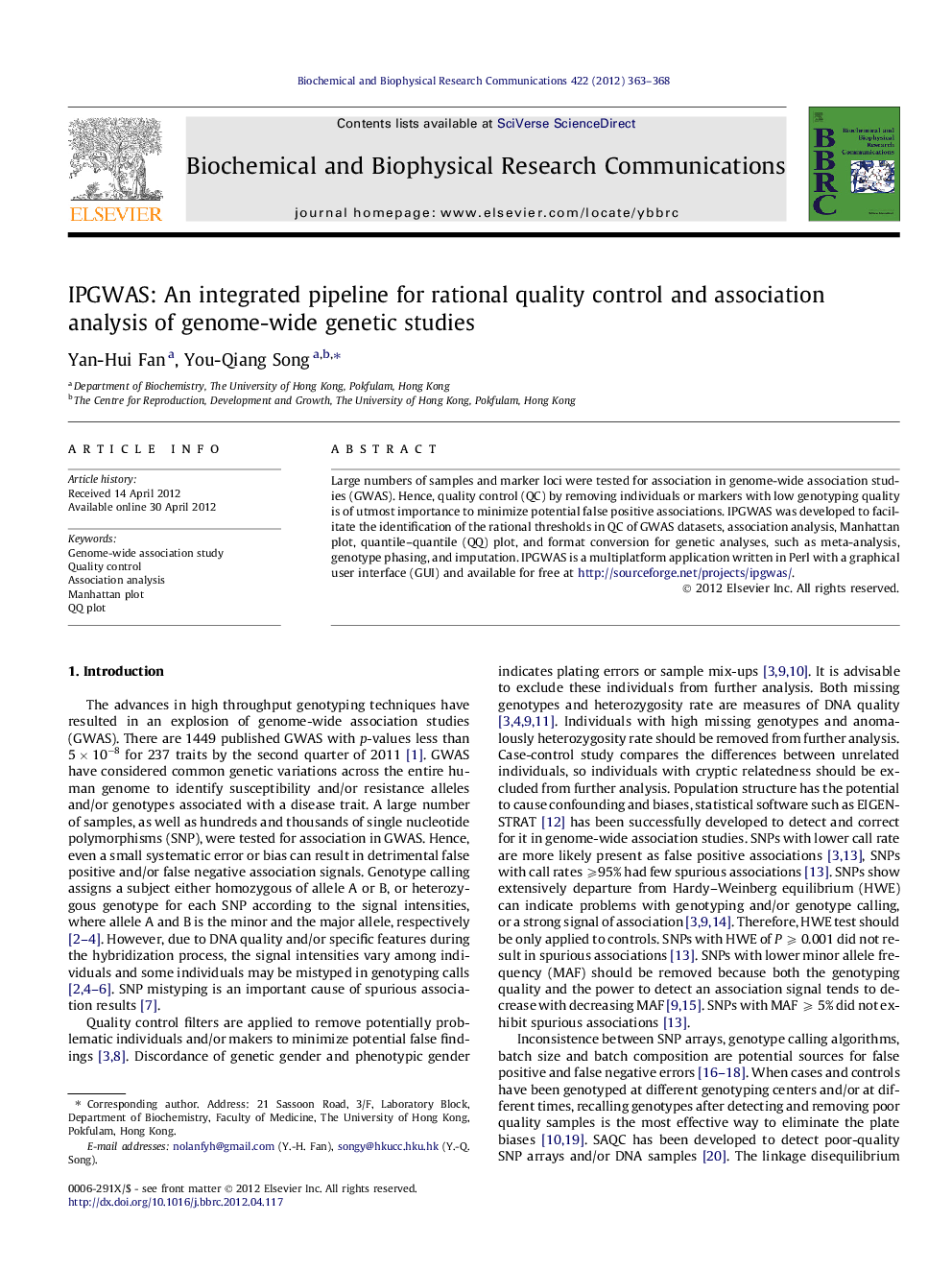 IPGWAS: An integrated pipeline for rational quality control and association analysis of genome-wide genetic studies