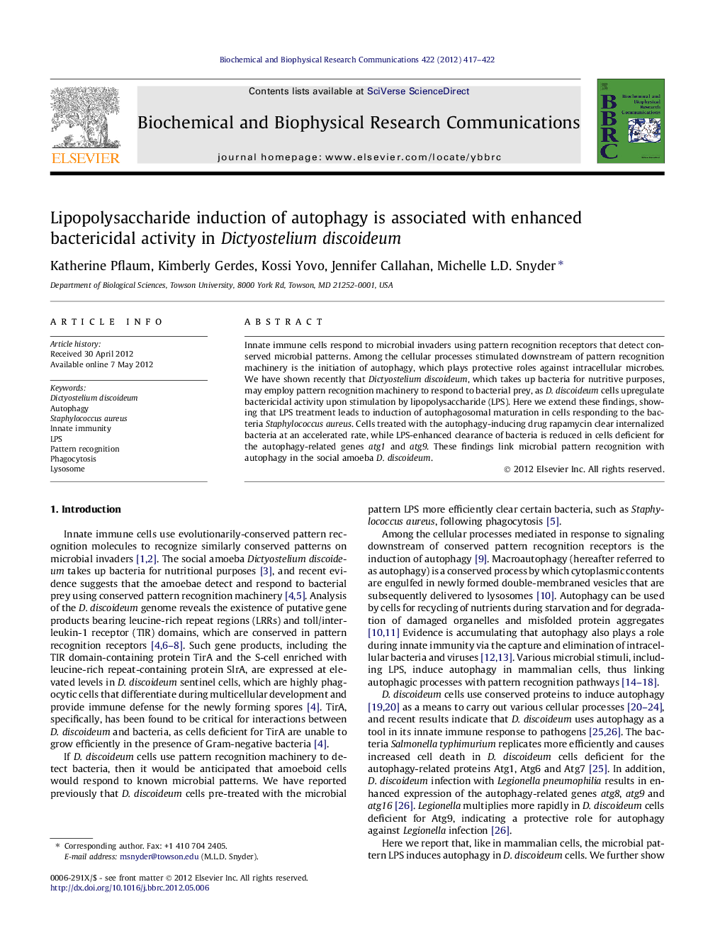 Lipopolysaccharide induction of autophagy is associated with enhanced bactericidal activity in Dictyostelium discoideum