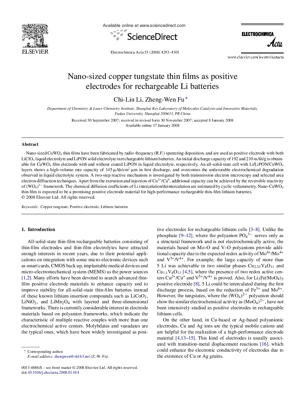 Nano-sized copper tungstate thin films as positive electrodes for rechargeable Li batteries