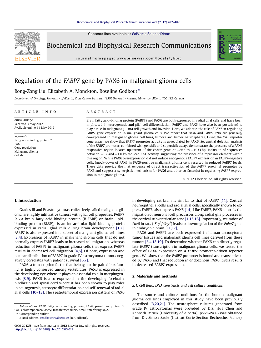 Regulation of the FABP7 gene by PAX6 in malignant glioma cells