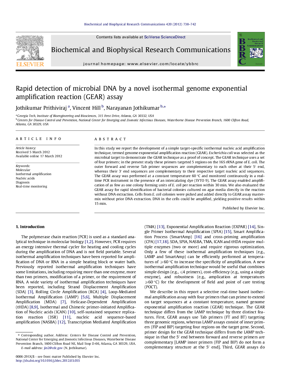 Rapid detection of microbial DNA by a novel isothermal genome exponential amplification reaction (GEAR) assay