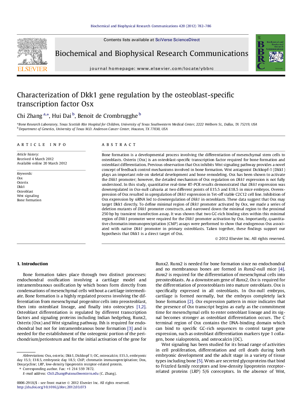 Characterization of Dkk1 gene regulation by the osteoblast-specific transcription factor Osx