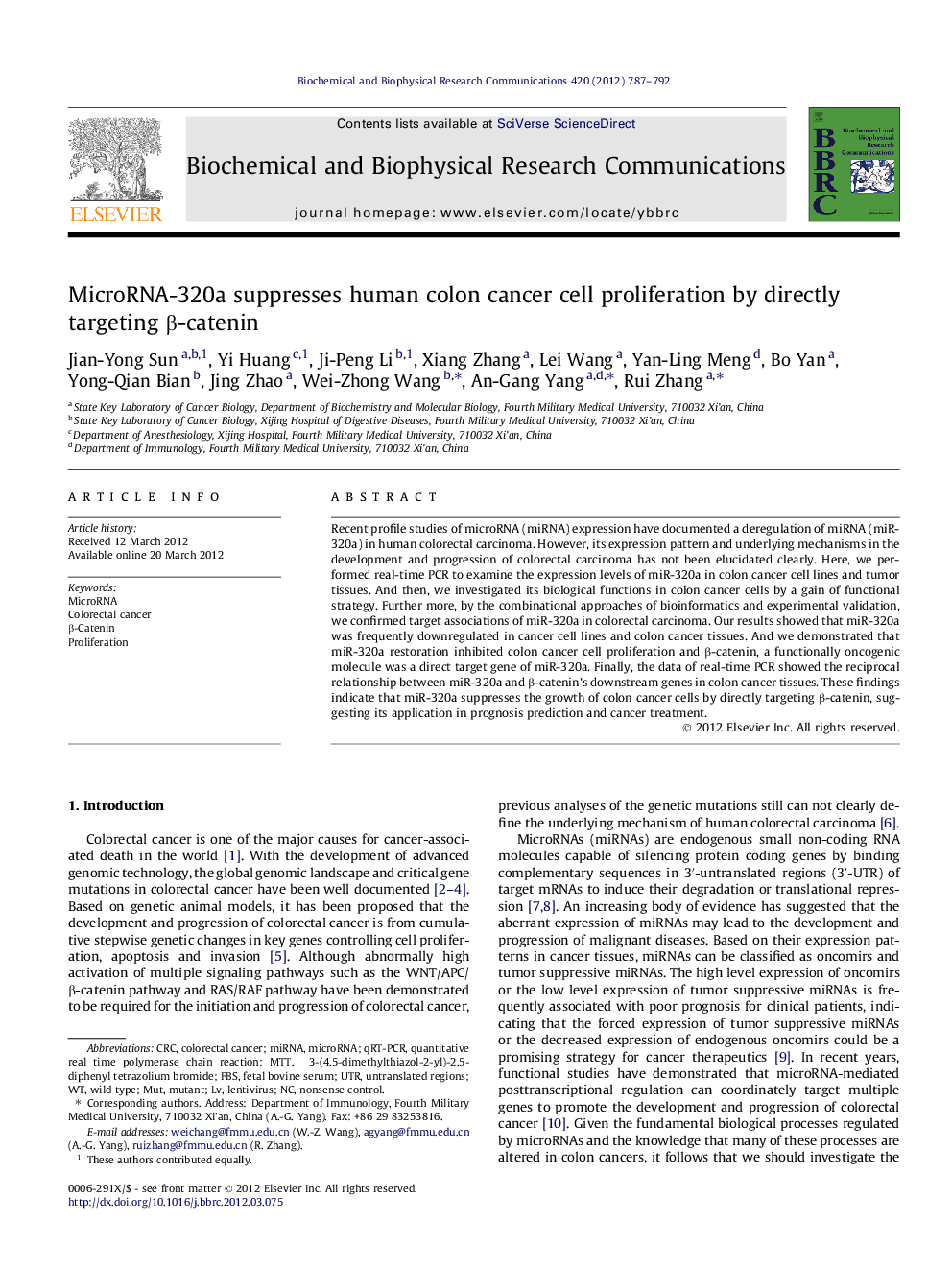 MicroRNA-320a suppresses human colon cancer cell proliferation by directly targeting β-catenin