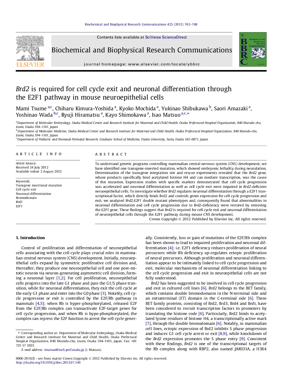 Brd2 is required for cell cycle exit and neuronal differentiation through the E2F1 pathway in mouse neuroepithelial cells