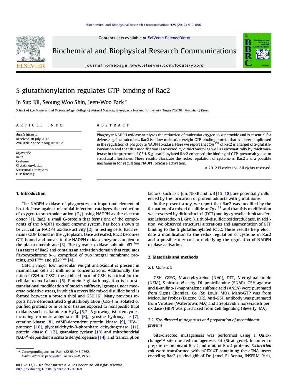 S-glutathionylation regulates GTP-binding of Rac2