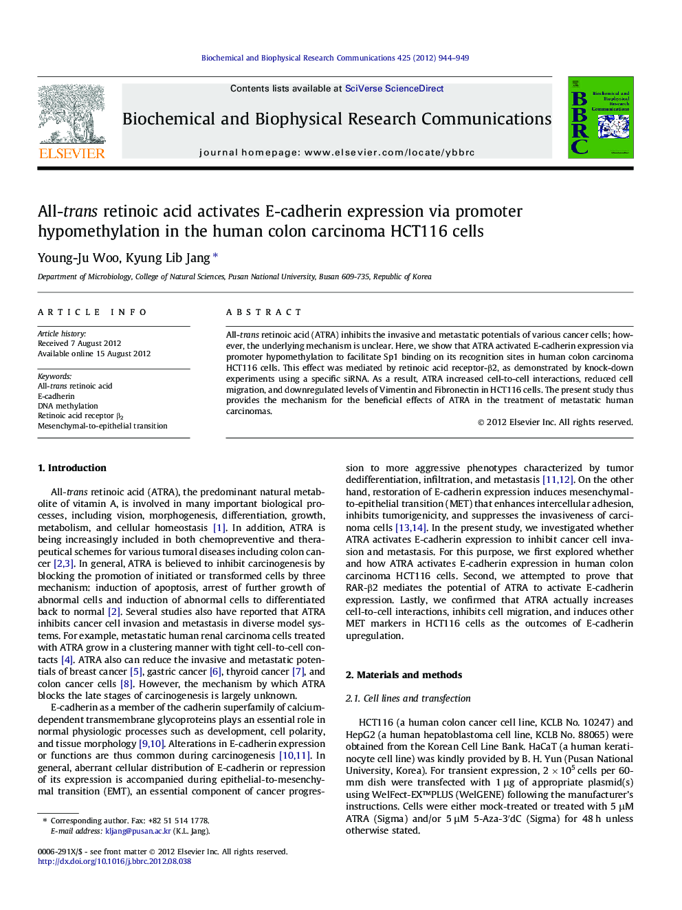 All-trans retinoic acid activates E-cadherin expression via promoter hypomethylation in the human colon carcinoma HCT116 cells